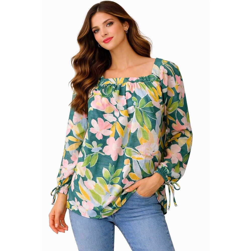 LC Lauren Conrad XS Green Floral Blouse Square Neck Long Sleeve Tie Cuff Top